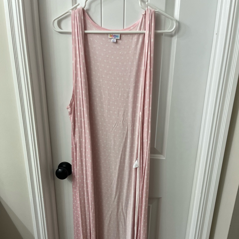Lularoe Joy Long Vest Duster L Pink With White Polka Dots Coat Sleeveless
